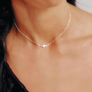 Dainty Sideways Cross Necklace: Sterling Silver or Gold, Christian Jewelry