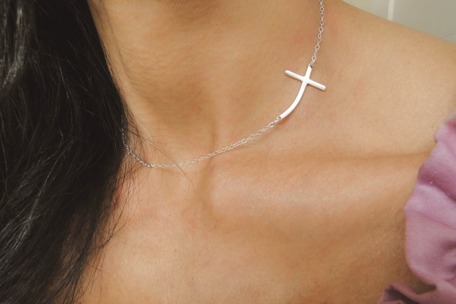Curved Cross Necklace Sideways Cross Necklace Silver Cross Jewelry 