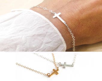 Sterling Silver Sideways Cross Bracelet- Horizontal Tiny Cross Bracelet, Tiny Cross Bracelet, Confirmation Gift, Dainty Cross Bracelet