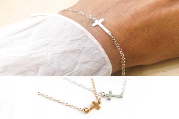 Sterling Silver Sideways Cross Bracelet- Horizontal Tiny Cross Bracelet, Tiny Cross Bracelet, Confirmation Gift, Dainty Cross Bracelet