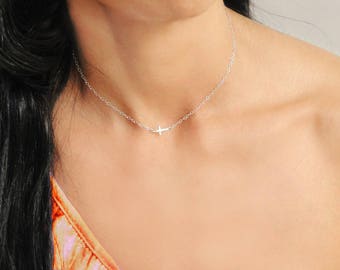 Cross Necklace, Silver Cross Choker Necklace, Christian Jewelry, Gold Cross Necklace, Tiny Sideways Cross Necklace, Cross Choker Necklace