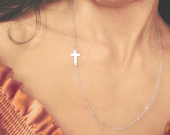 Long Cross Necklace- Small Silver Cross Necklace, Long Sideways Cross, Long Necklace, Long Layering Necklace, Cross Necklace