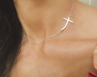 Sideways Cross Necklace- Curved Cross Necklace, Sterling Silver Curved Cross Necklace, Gift For Girlfriend, Valentines Day Gift For Wife