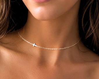 Sierlijke ketting met zijwaarts kruis: sterlingzilveren Faith-sieraden