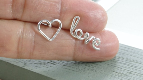 Love Earrings- Silver Heart Stud Earrings- Word Earrings, Silver Studs, Personalized Stud Earrings, Custom Earrings, Cursive Earrings