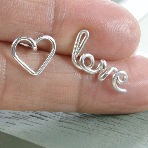 Love Earrings- Silver Heart Stud Earrings- Word Earrings, Silver Studs, Personalized Stud Earrings, Custom Earrings, Cursive Earrings