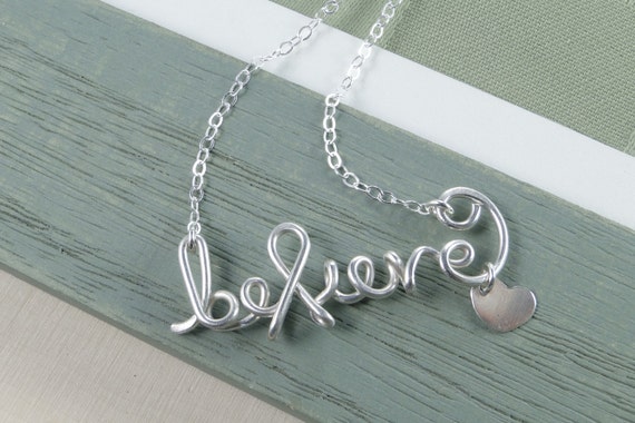 Believe Necklace Silver-Name Necklace, Believe Word Necklace, Cancer Awareness Necklace, Survivor Jewelry, Ribbon Necklace Silver