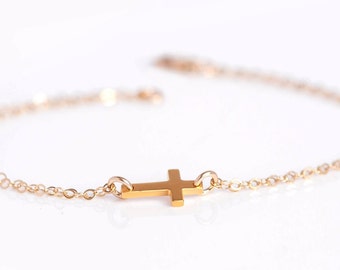 Cross Bracelet- Gold Cross Bracelet, Religious gift for woman, Silver Sideways Cross Bracelet,  Tiny Cross Bracelet, Dainty Gold Bracelet