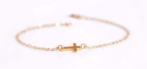 Cross Bracelet- Gold Cross Bracelet, Religious gift for woman, Silver Sideways Cross Bracelet,  Tiny Cross Bracelet, Dainty Gold Bracelet