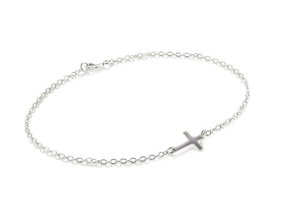 Silver Ankle Bracelet, Anklet Bracelet, Sideways Cross Ankle Bracelet, Silver Cross Anklet, Sideways Cross Anklet, Tiny Cross Anklet