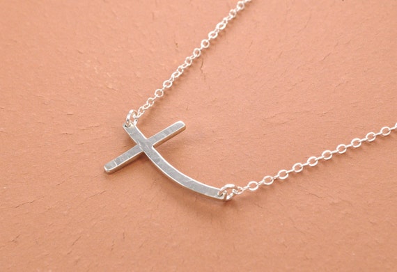 Curved Sideways Cross Necklace Hammered 