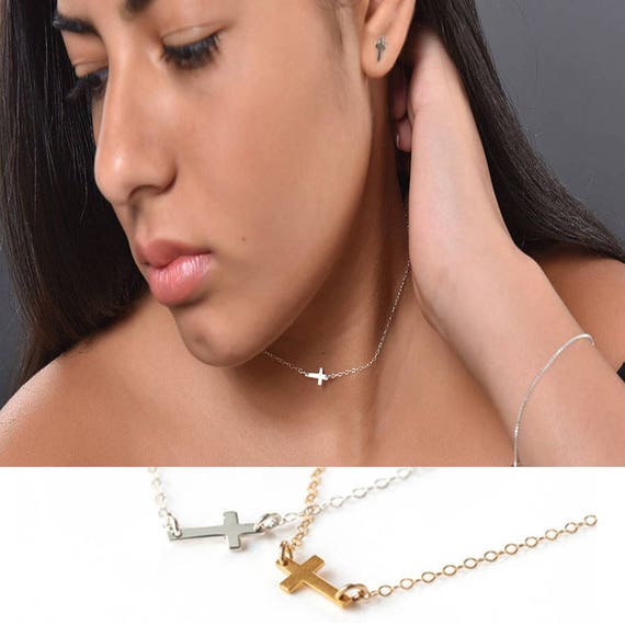 Cross Necklace Gold, Tiny Sideways Cross Necklace, Silver Cross Necklace, Communion Necklace, Choker Necklace, Faith Necklace, Gift for Her