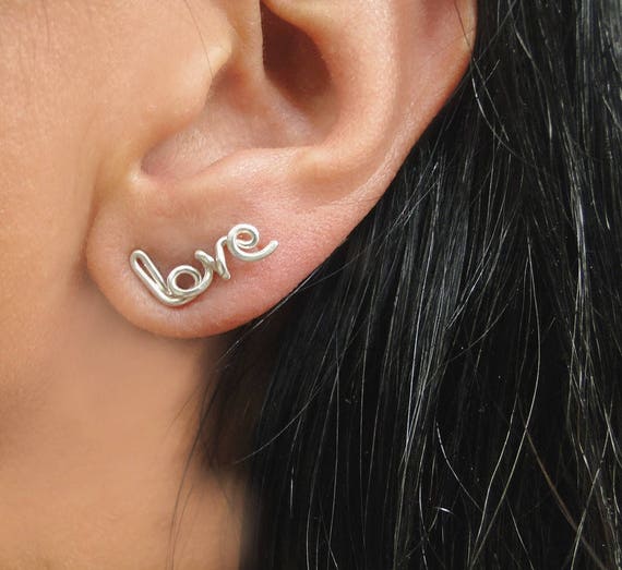 Love Earrings, Tiny Stud Earring, Word Earrings, Personalized Earrings, Silver Love Earrings, Custom Name Earrings, Heart Stud Earrings