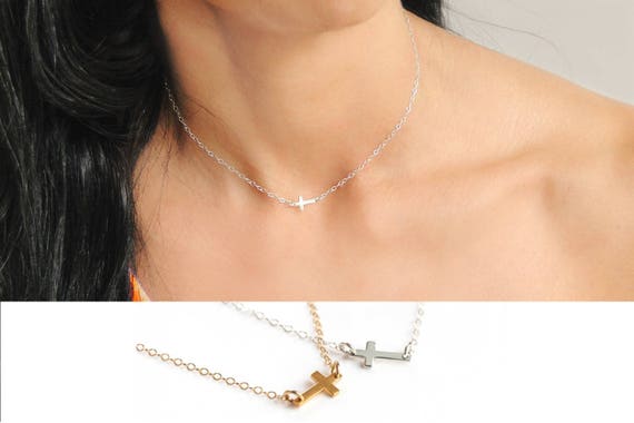 Christmas Gift- Cross Necklace, Tiny Gold Cross Necklace, Silver Cross Necklace, Christian Necklace, Dainty Sideways Cross Choker Necklace