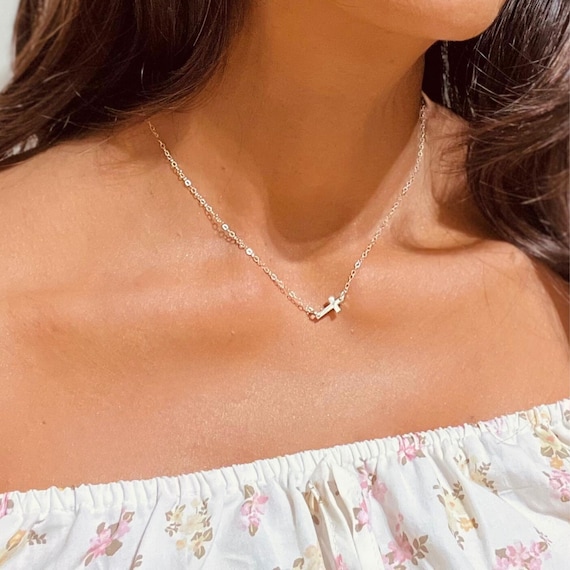 Tiny Sideways Cross Necklace, Dainty Cross Necklace, Faith Necklace, Christian faith Jewelry, Christian Gift For Women, Eternal Hope Jewelry
