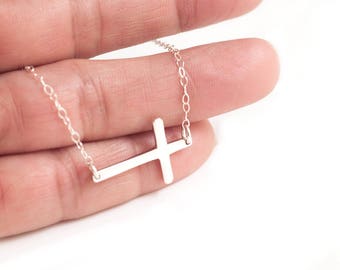 Cross Necklace- Sideways Cross Necklace, Faith Necklace, Silver Cross Necklace, Religious Necklace, Confirmation Necklace, Communion Gift