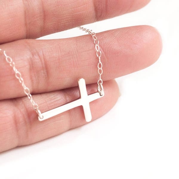 Cross Necklace- Sideways Cross Necklace, Faith Necklace, Silver Cross Necklace, Religious Necklace, Confirmation Necklace, Communion Gift