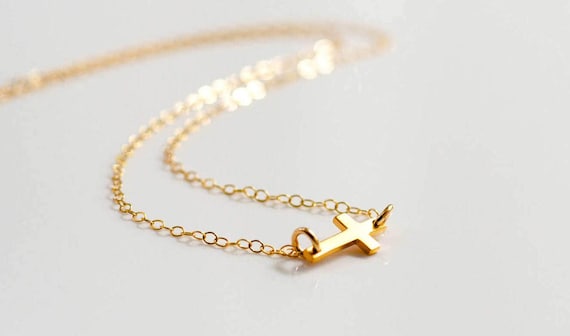 Catholic Necklace, Gold Sideways Cross Necklace, Tiny Cross Necklace, Confirmation Necklace, Christian Necklace, Dainty Cross Necklace