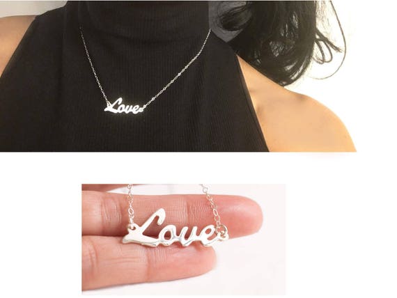 Love Necklace, Silver Love Necklace, Love Name Necklace, Cursive Script Necklace, Love Pendant, Dainty Love Necklace, Love Plate Necklace