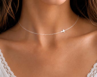 Dainty Cross Necklace, Sterling Silver or Gold Filled Choker, Minimalist Faith Jewelry