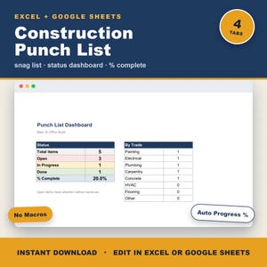 Peut inclure: Un modèle numérique de liste de réserves pour Excel et Google Sheets comprenant un tableau de bord avec des tableaux de statut et de corps de métier. L'interface affiche 4 onglets, sans macros, et un suivi automatique du pourcentage.