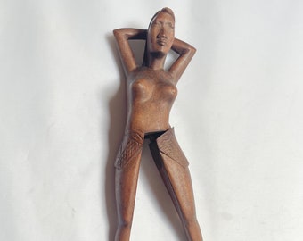 Sassy Nude Woman Carved Wood Nutcracker, Likely Hawaiian, 13" Long, Man Cave Ready!