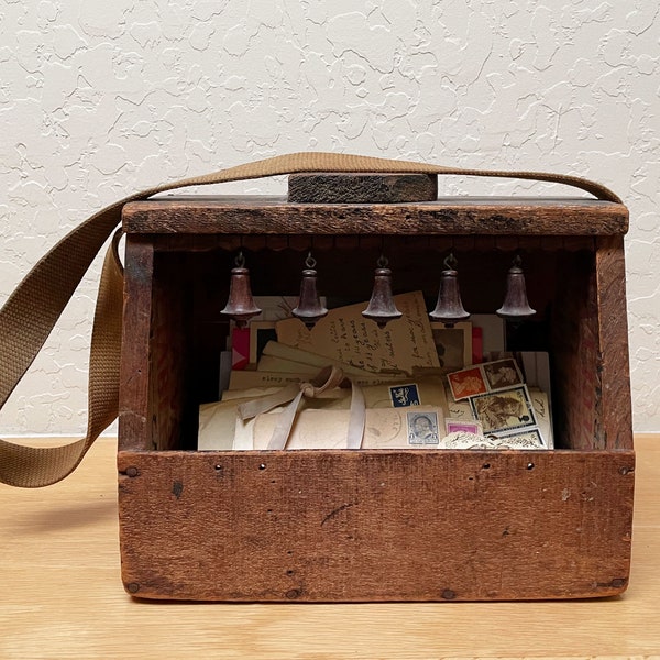 1940s Hand-Made Wood Shoe Shine Box with Strap, Primitive, Wood Dangles, Letters not Included, Please Read Description