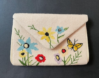 FAB Vintage Needlepoint Clutch Purse with Leather Sides, Butterflies and Flowers, Please Read Description