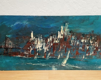 MCM San Francisco Skyline, Moody Textured Painting on Board, Heavily Varnished, by Viking, 24" by 12"