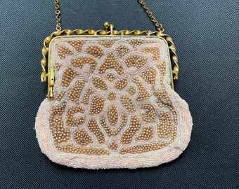 Small Vintage Beaded Purse, Tiny Pink Seed Beads and Faux Pearls, Kiss Lock and Gold-Tone Hardware, AS IS, Very Small Bead Loss