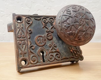 Antique Cast Iron Rim Lock with Door Knobs AS IS