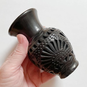 Vintage Barro Negro Carved Pottery Vase, 4.3" Tall
