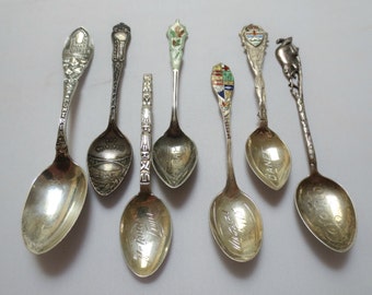 7 Demi-sized Sterling Silver Canadian Souvenir Spoons, Enamel, Totem Pole, Toronto Beaver, Montreal, Indian, Niagara Falls Whirpool