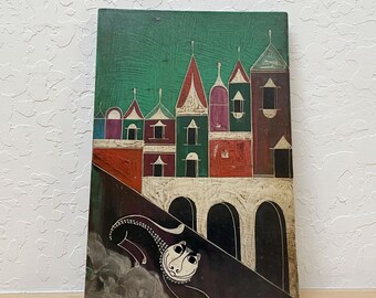 MCM Painting of San Miguel de Allende with a Nagual, on Board, Rich Colors, Please Read Description