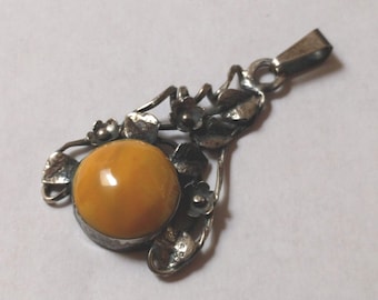 Vintage Baltic Egg Yolk Amber and Silver Pendant from Poland, 2.1" Tall, Please Read Description