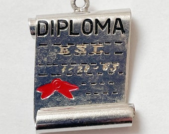 Vintage Diploma Charm, Sterling Silver, Rhodium Plated, Lightly Engraved, 2.4 Grams, for Charm Bracelet