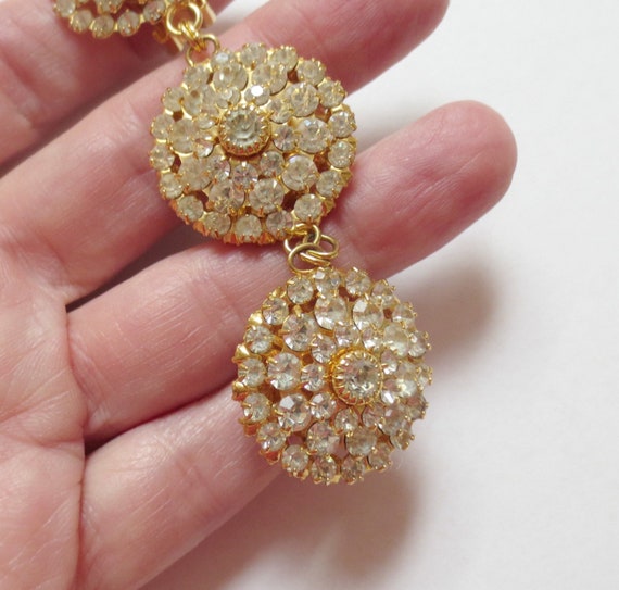 Long Vintage Rhinestone and Gold-Tone Clip-on Ear… - image 4