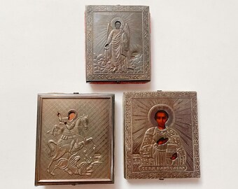 3 Antique Tiny Russian/Ukrainian Travel Icons (George Slaying Dragon, Archangel Michael,  St. Panteleimon) 875 Silver Fronts, AS IS