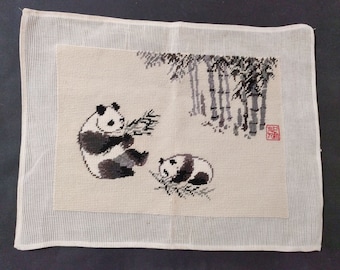 Vintage Wool Chinese Panda Needlepoint, Ready for Framing, Image 14.25" by 10"