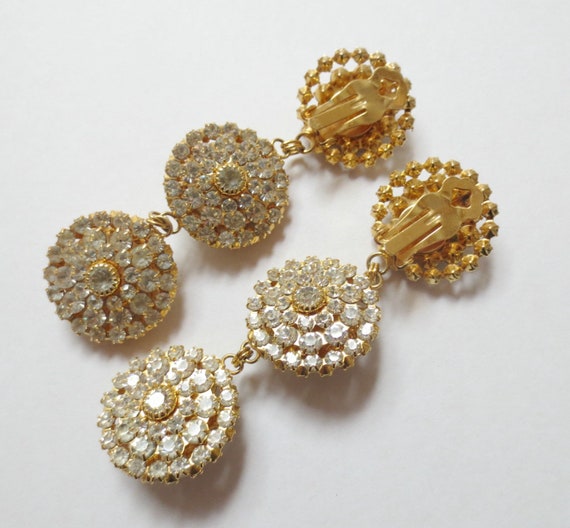 Long Vintage Rhinestone and Gold-Tone Clip-on Ear… - image 2