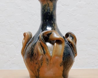 Textural Artisan-Made Pottery Vase with 4 Applied "Handles" and Thick Glaze, Signed, 6.8" Tall, Fall Decor