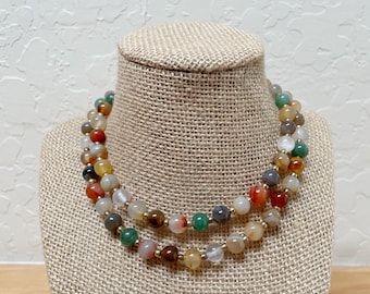 Vintage Polished Semi-Precious Stone Bead Necklace, Gold-Tone Bead Spacers, 28" Long, Please Read Description