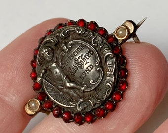 Small Antique Deutscher Radfahrer Bund Cycling Club Pin with Garnets, Pearls and Silver Emblem, AS IS, Ships w/ Signature Confirmation