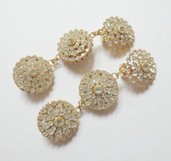Long Vintage Rhinestone and Gold-Tone Clip-on Ear… - image 1