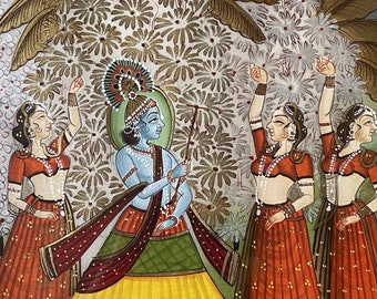 Lovely Framed Watercolor Painting of Lord Krishna (or Vishnu) with Dancing Women, Exotic Decor