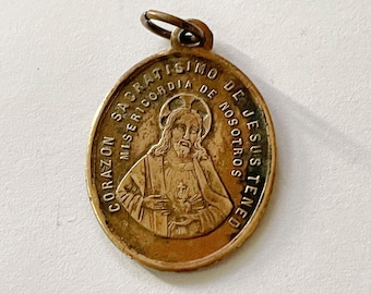 Antique Spanish Sacred Heart of Jesus and Mary Pendant / Medal