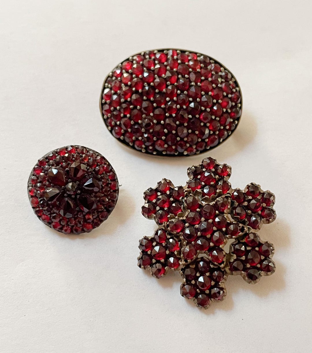3 Antique Pyrope Garnet Pins/brooches, Lovely Deep Red Stones, Please ...