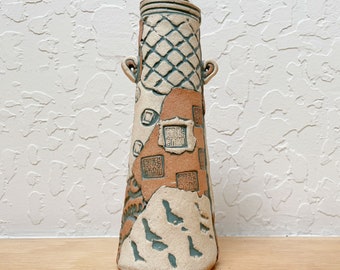 COOL Stamped Slab Pottery Vase, 6.75" Tall