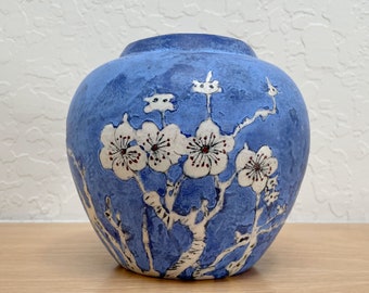 Wabi-Sabi Cherry Blossoms Signed Ceramic Pot/Vase/Ginger Jar (No Lid), Mottled Matte Blue Glaze, AS IS