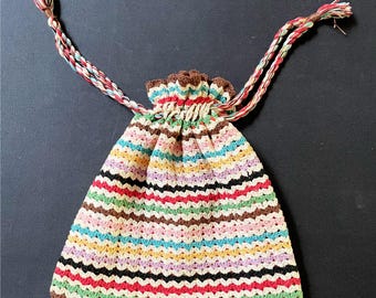 1940s Crochet Striped Drawstring Purse, Lined, Many Colors